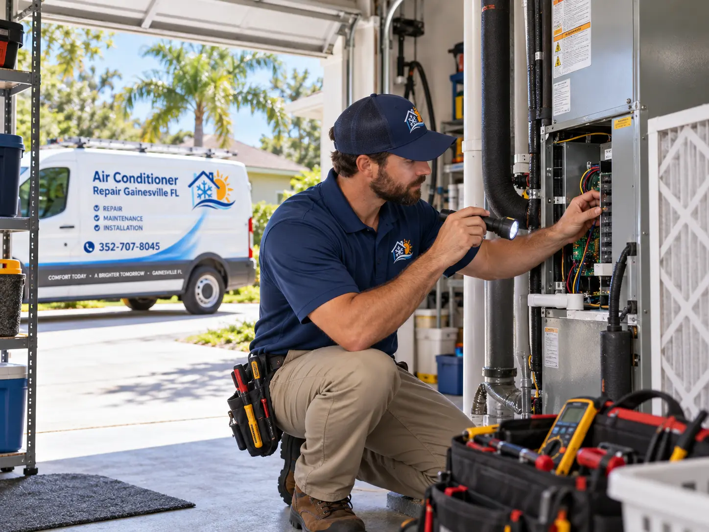 Technician diagnosing an air handler control board by flashlight