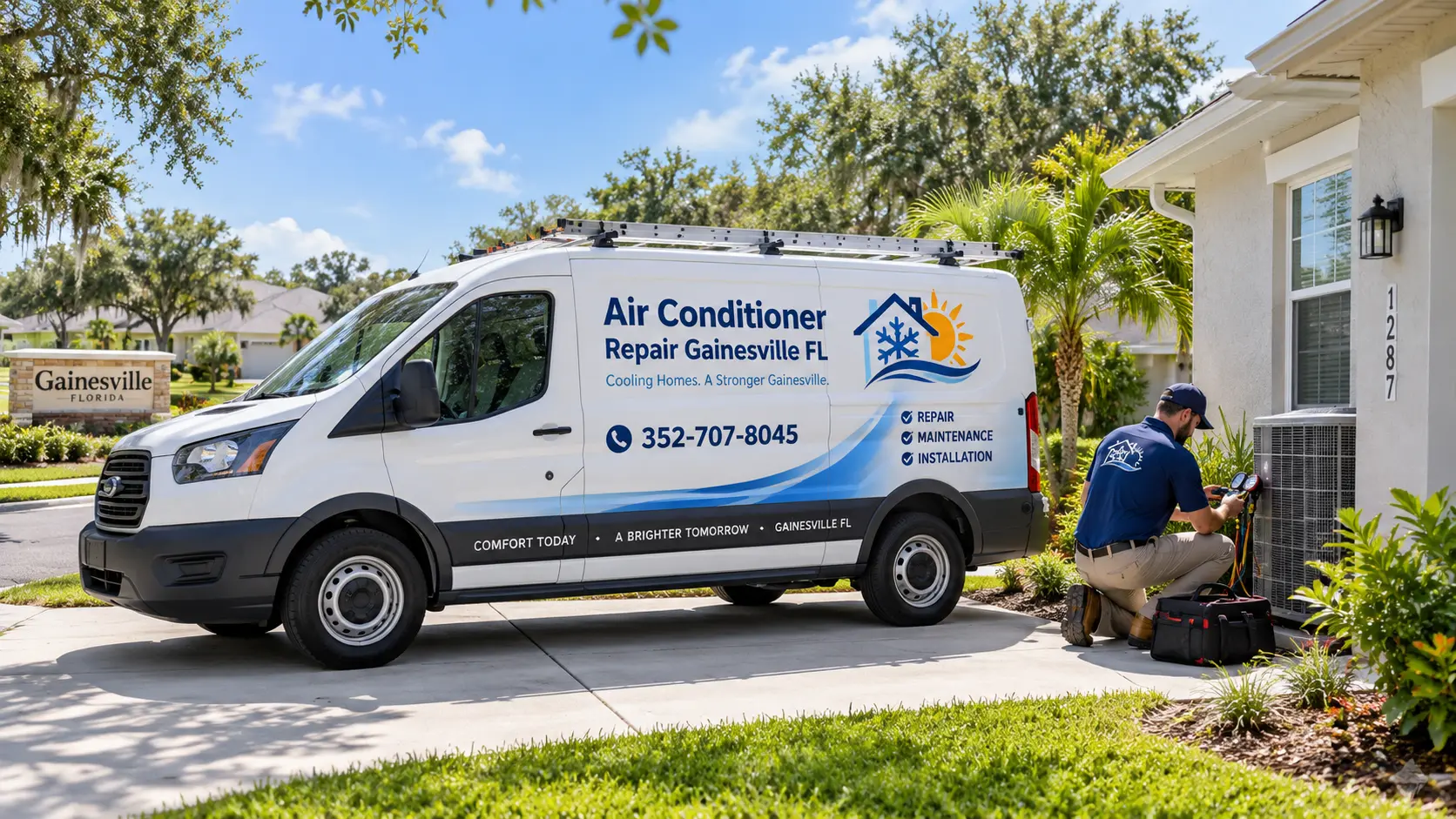 Branded Air Conditioner Repair Gainesville FL van at a Gainesville home while a technician services the outdoor AC unit
