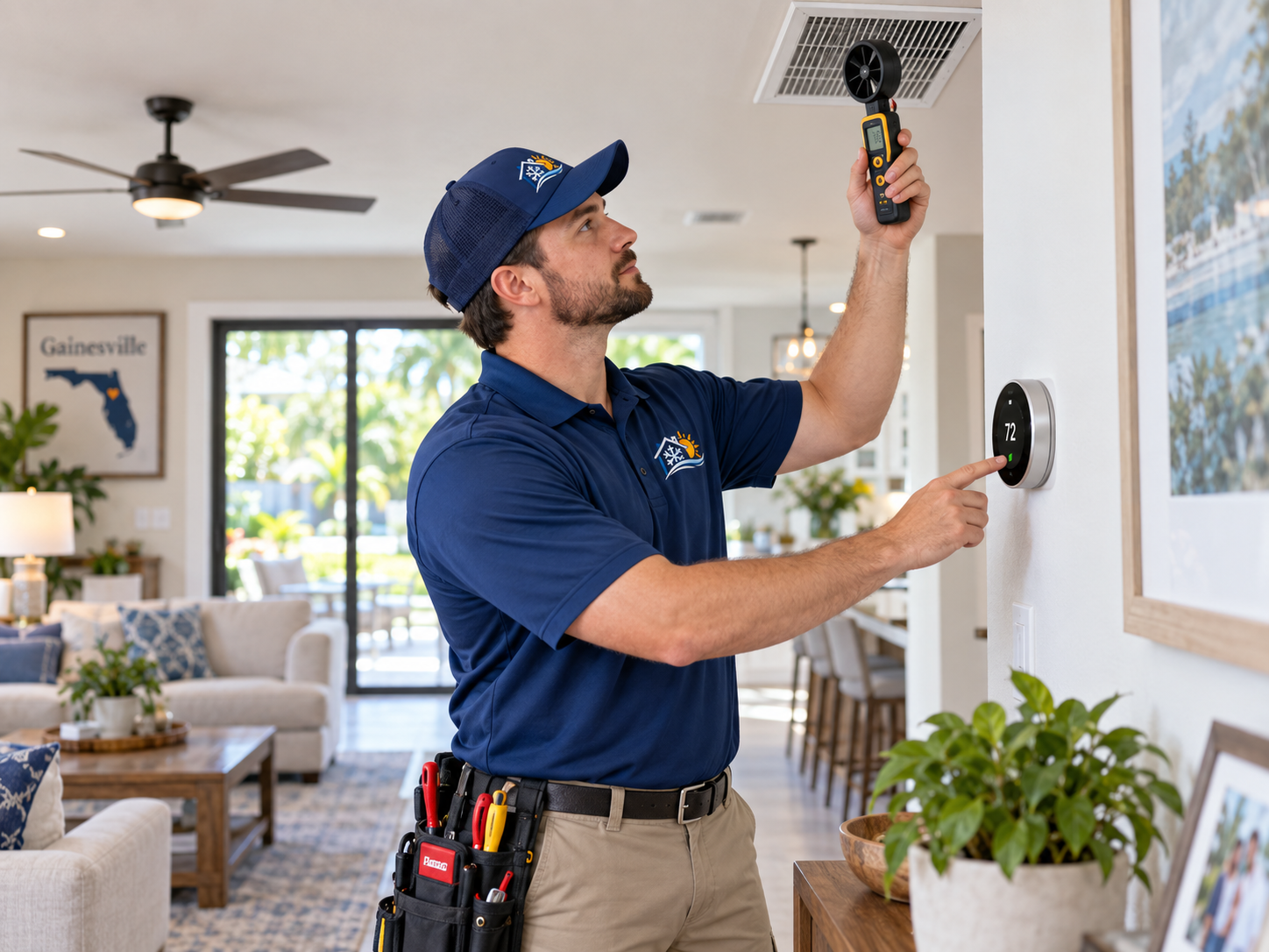 Airflow measurement at a ceiling vent beside a smart thermostat