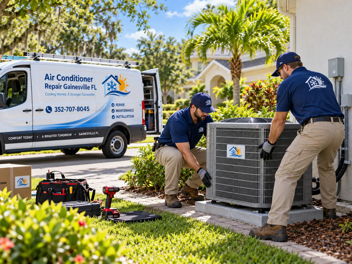 Technicians installing a new outdoor condenser unit